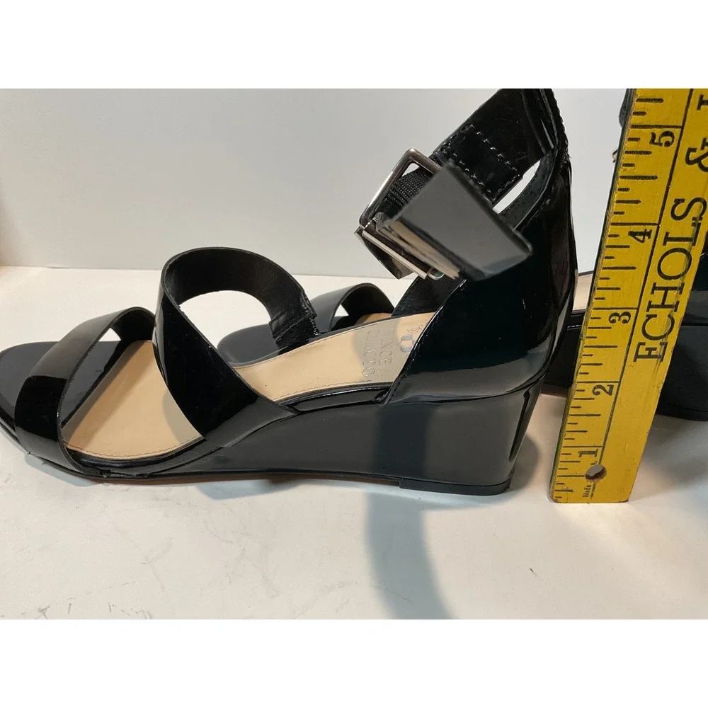 Vince Camuto Black Patent Leather Wedge Sandals Ankle Strap Sz‎ 7.5M